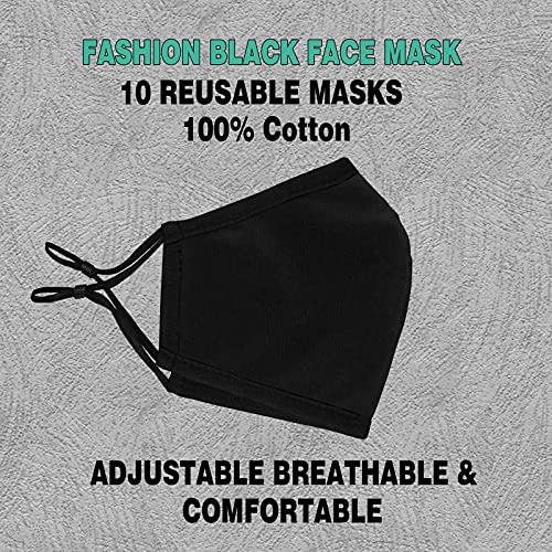 Vitnette 10Pcs Black Face Masks 100% Cotton Face Mask Cloth Masks Reusable Thin Breathable Washable Adjustable with Nose Wire