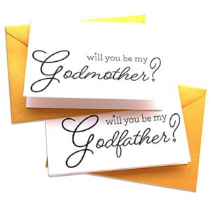 will you be my godparents (godmother and godfather) - god parents proposal cards in black-and-white lettering, with golden shimmer envelopes (set of 2 cards) (godmother & godfather)