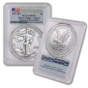 2021 (w) 1 oz silver american eagle ms-70 (type 2 - first strike - struck at west point mint - flag label) $1 ms70 pcgs
