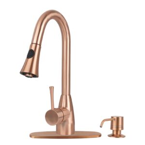 copper kitchen faucet with soap dispenser, single handle solid brass high arc pull down sprayer head kitchen sink faucets with deck plate oh455