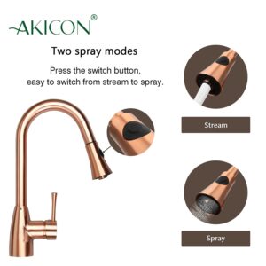 Copper Kitchen Faucet with Soap Dispenser, Single Handle Solid Brass High Arc Pull Down Sprayer Head Kitchen Sink Faucets with Deck Plate OH455