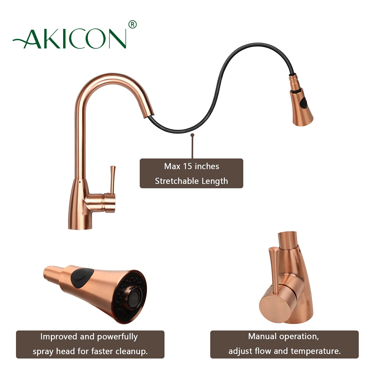 Copper Kitchen Faucet with Soap Dispenser, Single Handle Solid Brass High Arc Pull Down Sprayer Head Kitchen Sink Faucets with Deck Plate OH455