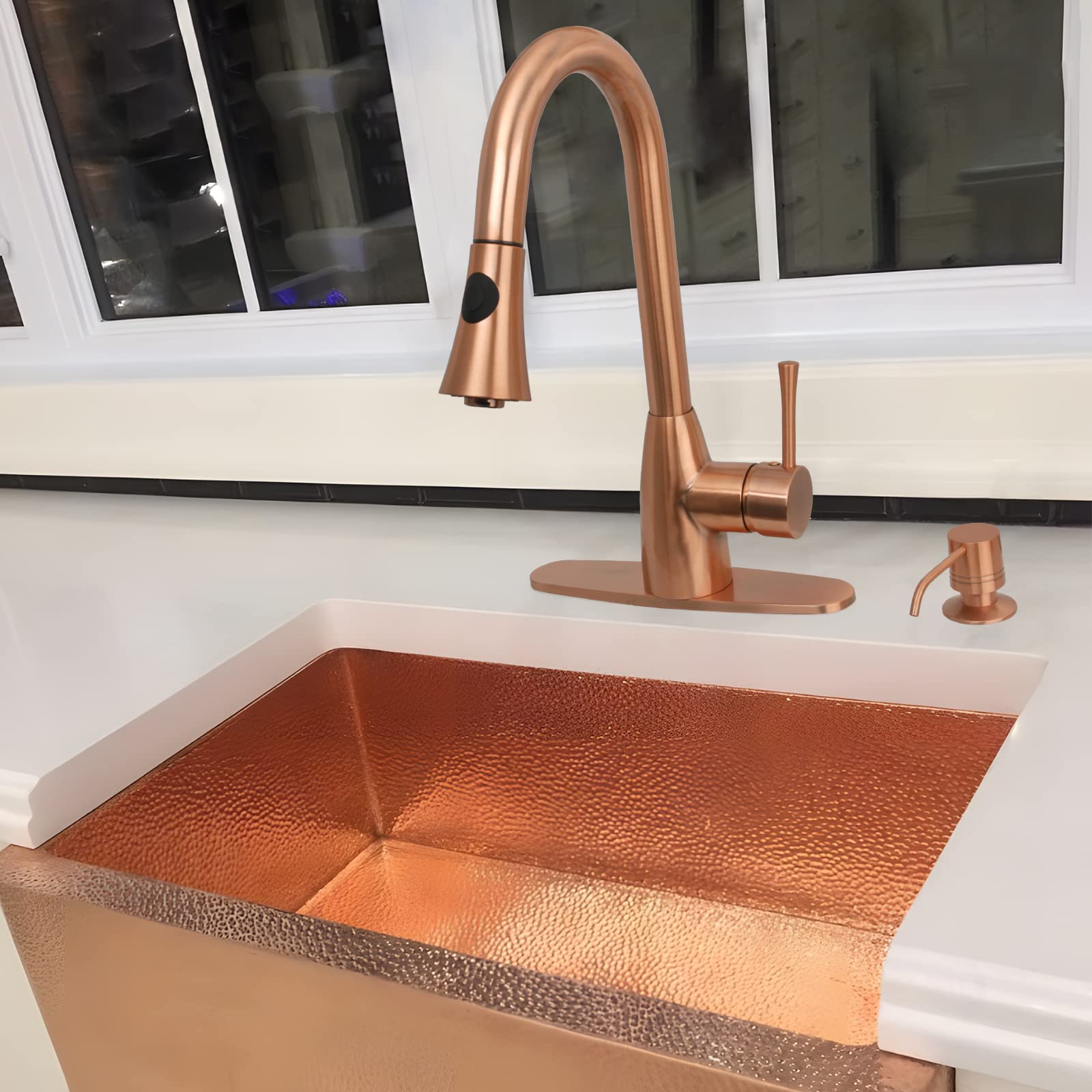 Copper Kitchen Faucet with Soap Dispenser, Single Handle Solid Brass High Arc Pull Down Sprayer Head Kitchen Sink Faucets with Deck Plate OH455