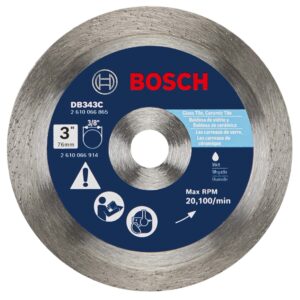 bosch db343c 3 in. continuous rim diamond blade with 3/8 in. arbor for extra clean cut wet cutting applications in ceramic tile, glass tile