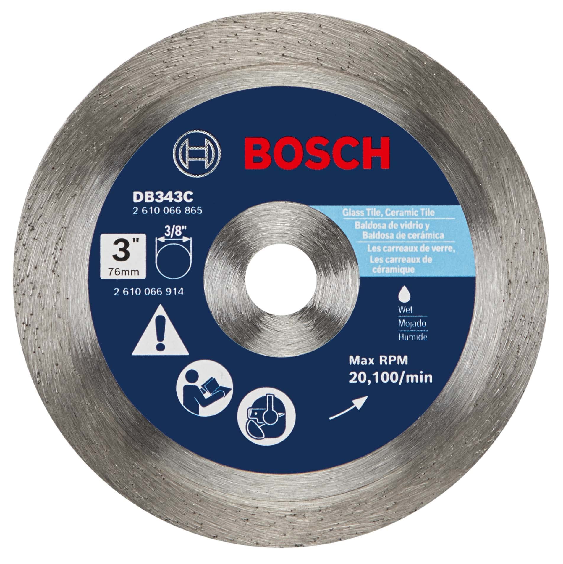 BOSCH DB343C 3 In. Continuous Rim Diamond Blade with 3/8 In. Arbor for Extra Clean Cut Wet Cutting Applications in Ceramic Tile, Glass Tile