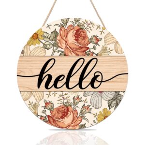 fwiexa vintage hello sign for front door, boho hello spring door sign with flowers, colorful floral welcome wooden hanging sign decor for entryway front porch yard (12"x 12")