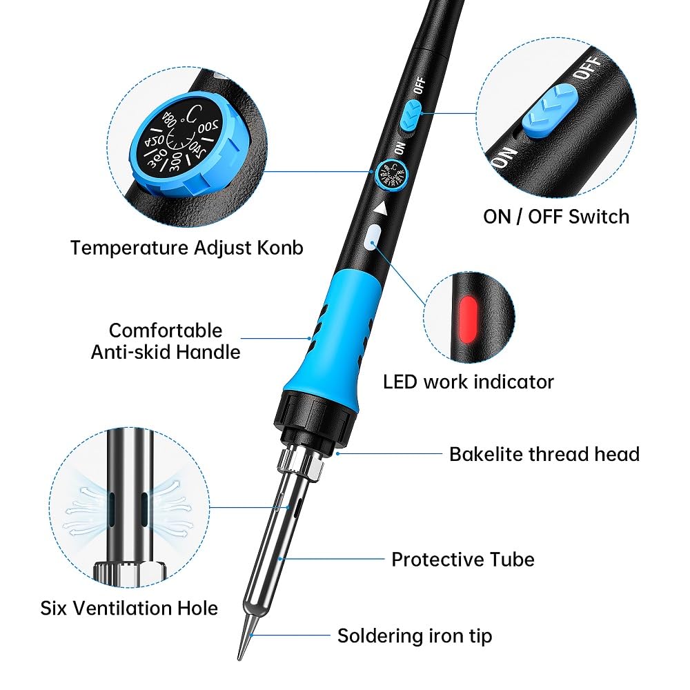 Soldering Iron Kit, 60W gun with Ceramic Heater, 9-in-1 solder kit tool, Adjustable Temperature 200 to 450℃, Iron Tips, wire, Solder Stand for Welding and Repairing