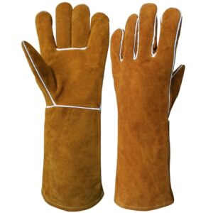 olson deepak welding gloves heat resistant baking grill gloves tig and mig welder gloves fireplace gloves for fireproof wood stove glove (brown-14inch)