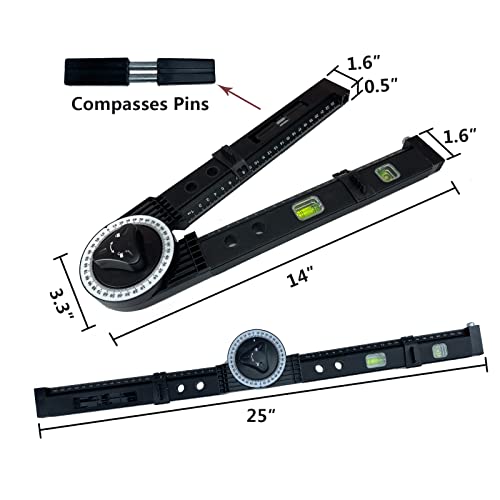 N/A Angle Finder Tool,With Level Function，Featuring Precision Laser Engraved Scales，14-Inch Miter Saw Protractor,Applicable To All Building Trades