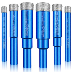 dry diamond drill bits set 6 pcs small diamond hole saw kit for granite marble porcelain tile ceramic stone glass hard materials (not for wood) round shank 1/4, 5/16, 3/8, 1/2, 9/16, 5/8 inch