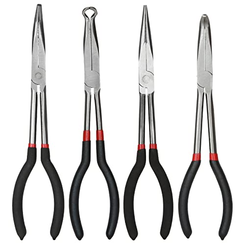 DIRBUY Long Needle Nose Pliers Set, 4 in 1 Bent Needle Nose Pliers 90 Degree, 11 inch Spark Plug Wire Removal Tool, Pointy Nose Pliers, Pinch Nose Pliers, Snipe Nose Pliers, Curved Nose Pliers