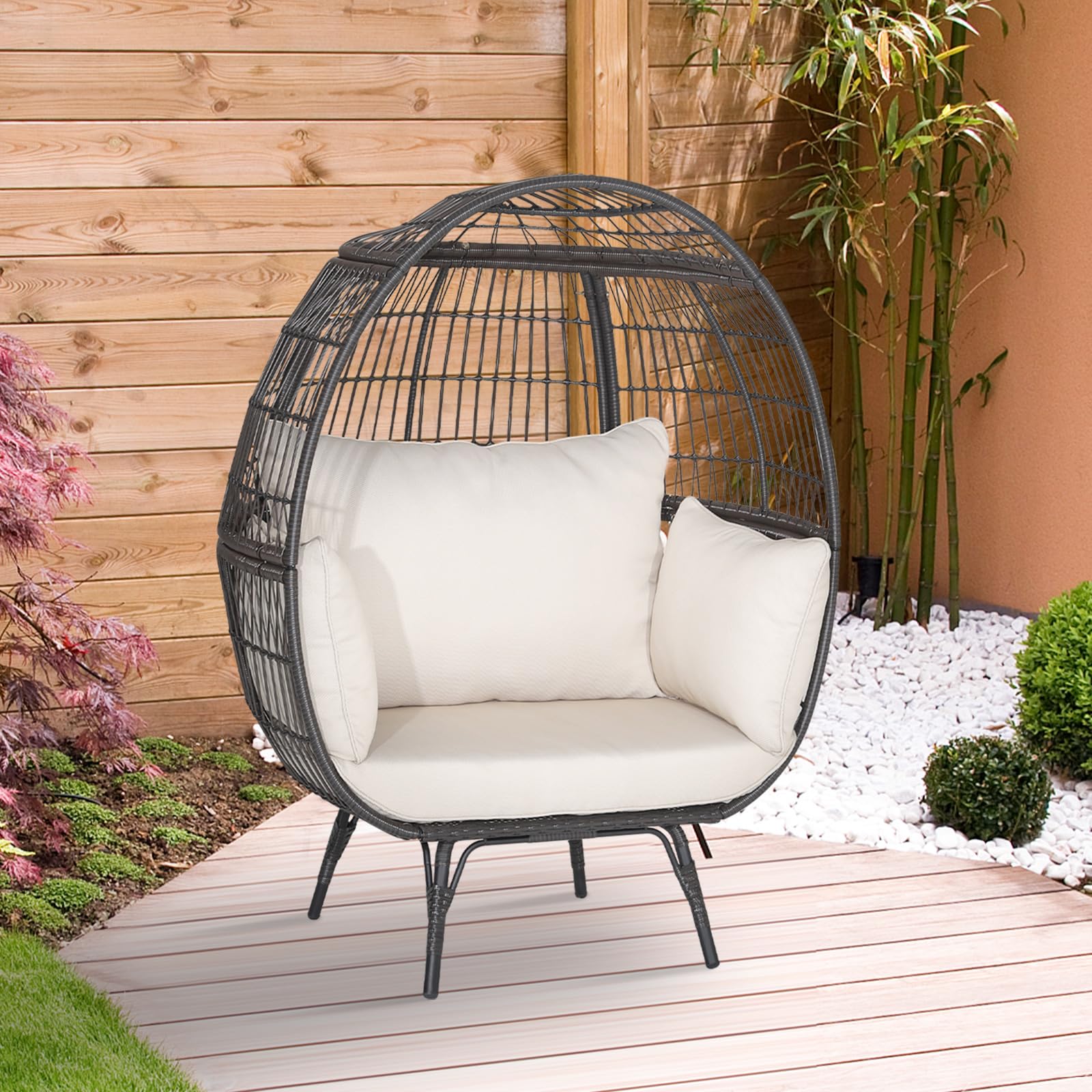 Tangkula Oversized Wicker Egg Chair, Stationary Patio Lounge Basket w/ 4 Soft Cushions, Stable Metal Frame, Gorgeous Indoor Outdoor Lounge Chair, Ideal for Living Room, Backyard, 450 LBS Max Load