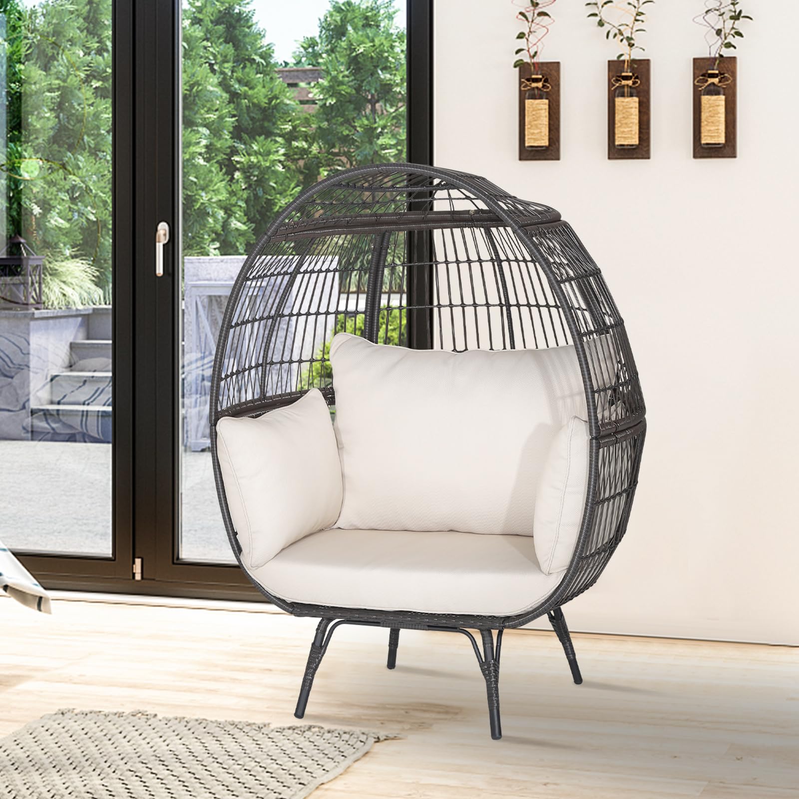 Tangkula Oversized Wicker Egg Chair, Stationary Patio Lounge Basket w/ 4 Soft Cushions, Stable Metal Frame, Gorgeous Indoor Outdoor Lounge Chair, Ideal for Living Room, Backyard, 450 LBS Max Load