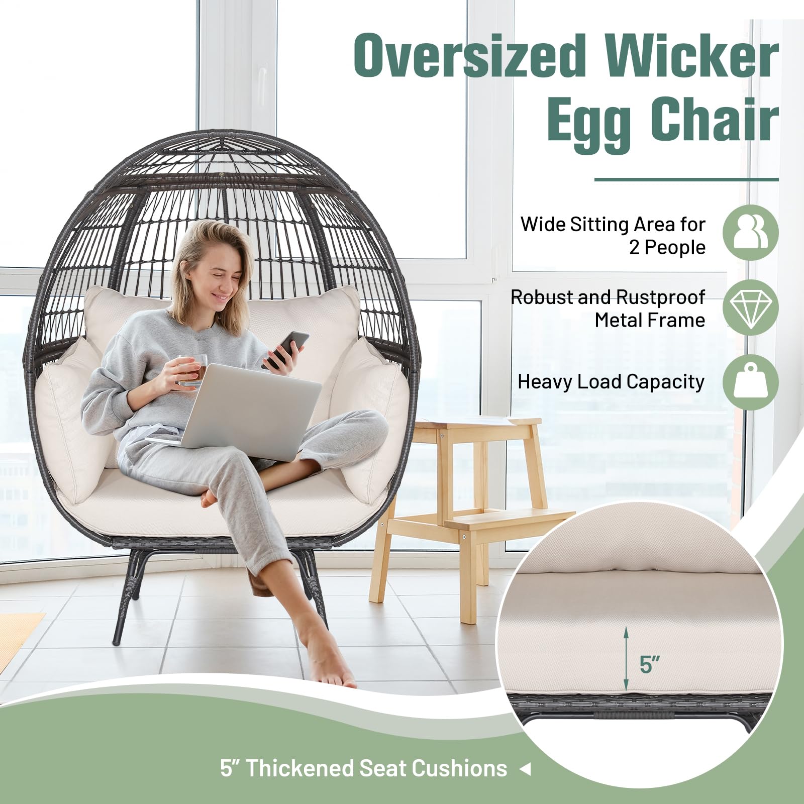 Tangkula Oversized Wicker Egg Chair, Stationary Patio Lounge Basket w/ 4 Soft Cushions, Stable Metal Frame, Gorgeous Indoor Outdoor Lounge Chair, Ideal for Living Room, Backyard, 450 LBS Max Load