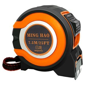 Tape Measure 25 Ft, Easy Read Fractions, Magnetic Hook, Bottom Temporary Finger Lock, Shock Absorbent Rubber Case