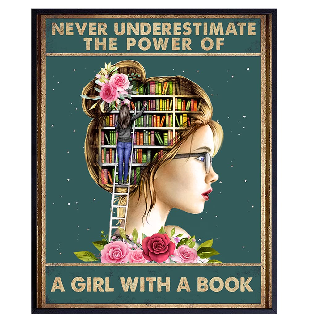 Inspirational Classroom Wall Art & Decor - Girls Bedroom - Never Underestimate A Girl With A Book - Positive Quotes - Girls Room - Girly Motivational Posters - Uplifting Encouragement Daughter Gifts