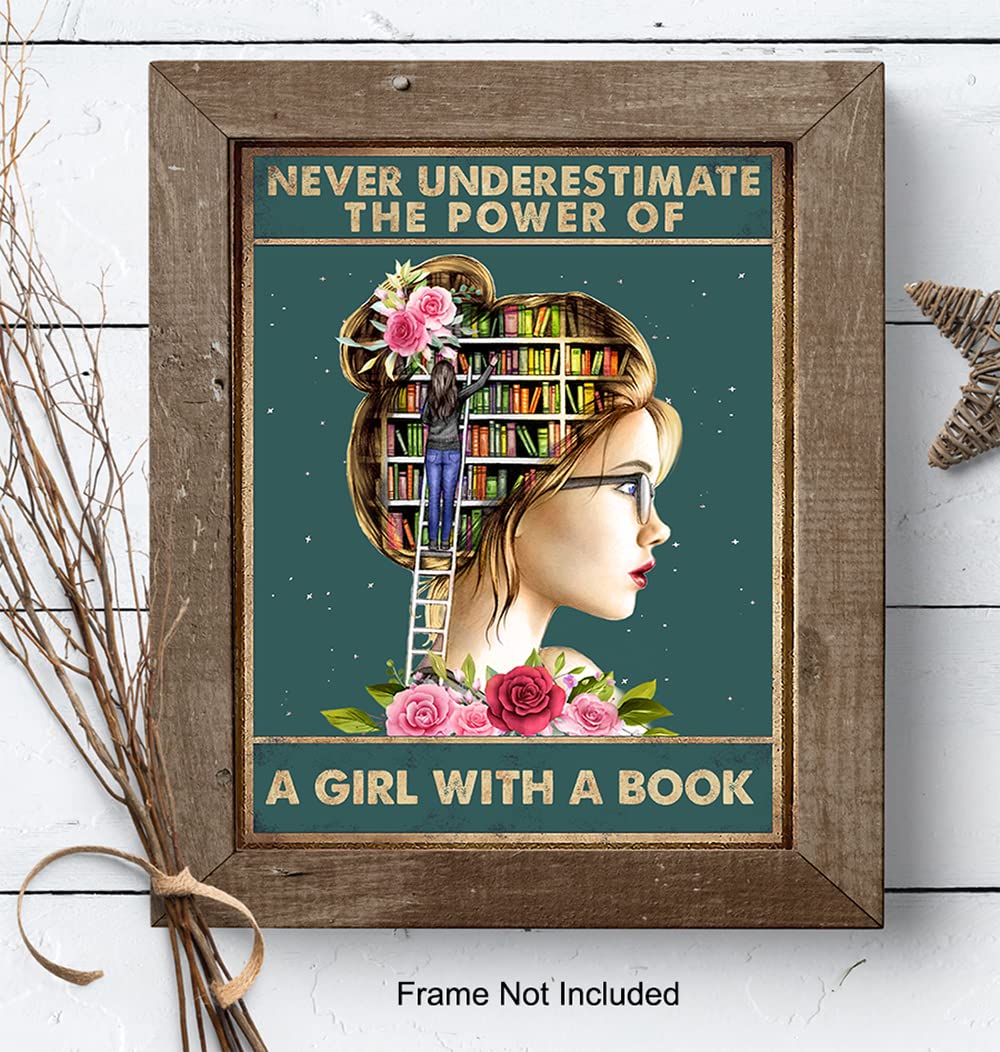 Inspirational Classroom Wall Art & Decor - Girls Bedroom - Never Underestimate A Girl With A Book - Positive Quotes - Girls Room - Girly Motivational Posters - Uplifting Encouragement Daughter Gifts