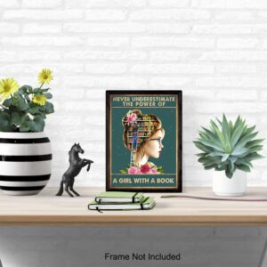 Inspirational Classroom Wall Art & Decor - Girls Bedroom - Never Underestimate A Girl With A Book - Positive Quotes - Girls Room - Girly Motivational Posters - Uplifting Encouragement Daughter Gifts