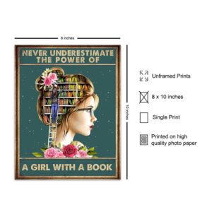 Inspirational Classroom Wall Art & Decor - Girls Bedroom - Never Underestimate A Girl With A Book - Positive Quotes - Girls Room - Girly Motivational Posters - Uplifting Encouragement Daughter Gifts