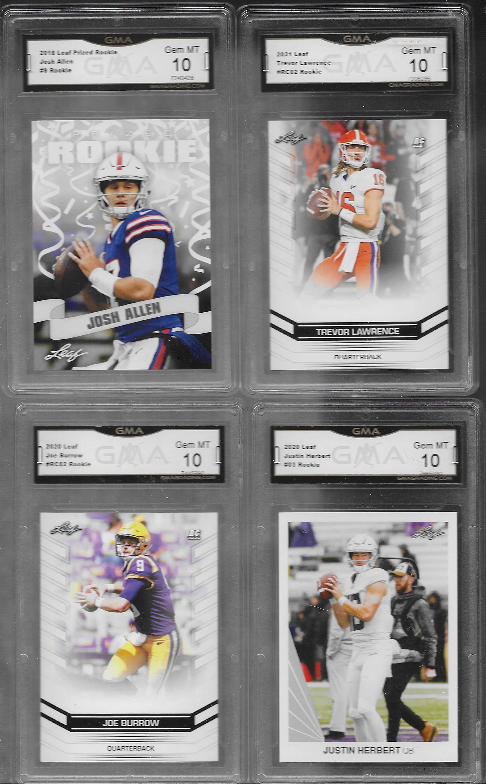 JOSH ALLEN TREVOR LAWRENCE JUSTIN HERBERT & JOE BURROW LEAF 4 CARD ROOKIE LOT GRADED GEM MINT 10 SUPERSTAR QUARTERBACKS