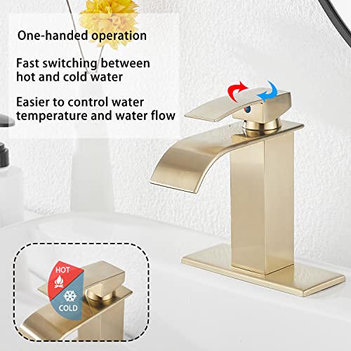 Brushed Gold Bathroom Faucet GGStudy Waterfall Bathroom Sink Faucet Deck Mount Single Handle One Hole Bathroom Vanity Faucet with Pop Up Drain