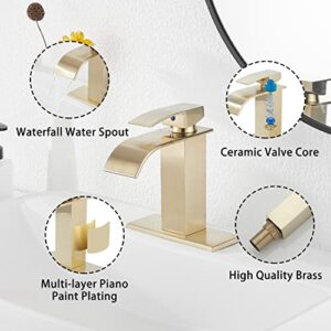 Brushed Gold Bathroom Faucet GGStudy Waterfall Bathroom Sink Faucet Deck Mount Single Handle One Hole Bathroom Vanity Faucet with Pop Up Drain