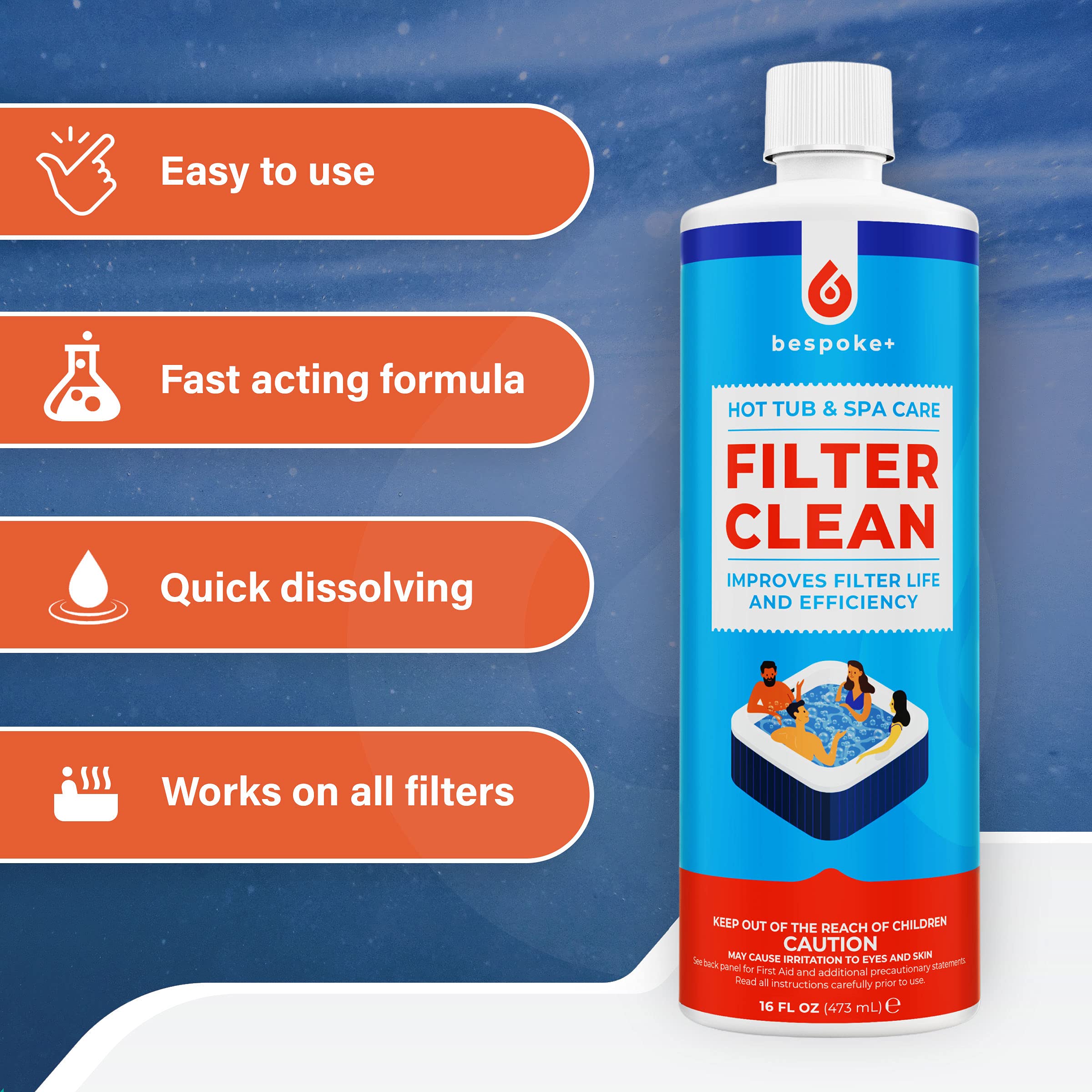 Bespoke+ Spa Filter Cleaner for Hot Tubs - 1-Hour Cartridge Filter Cleaner Soak Solution, Hot Tub Filter Cleaner Soak & Pool Filter Cleaner for Pool Cartridges | HotTub & Spa Filter Cleaner Soak 16oz