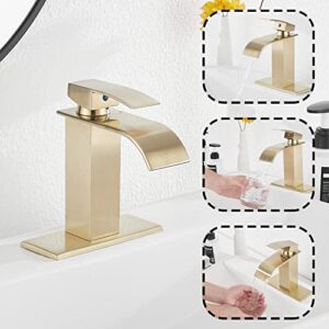 Brushed Gold Bathroom Faucet GGStudy Waterfall Bathroom Sink Faucet Deck Mount Single Handle One Hole Bathroom Vanity Faucet with Pop Up Drain