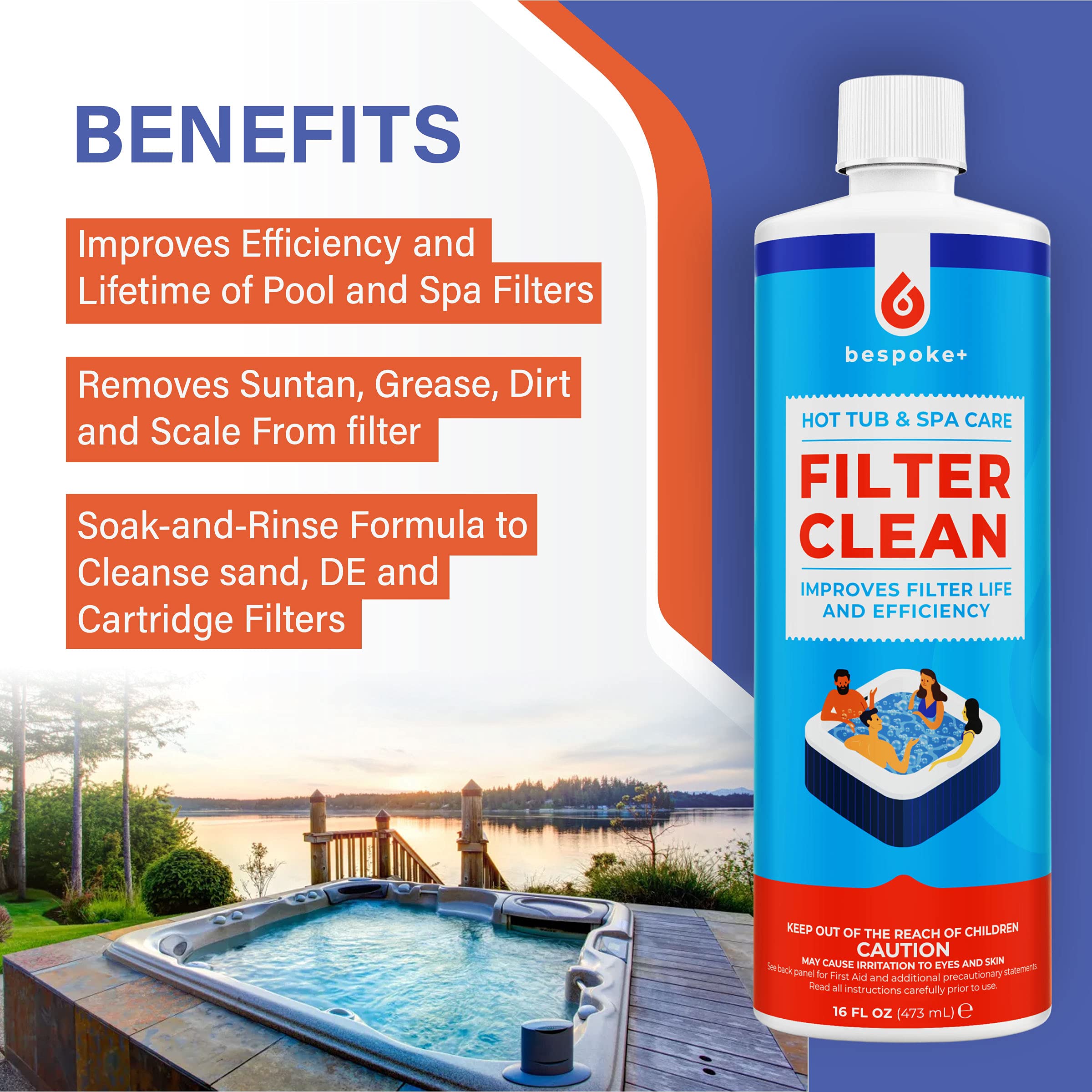 Bespoke+ Spa Filter Cleaner for Hot Tubs - 1-Hour Cartridge Filter Cleaner Soak Solution, Hot Tub Filter Cleaner Soak & Pool Filter Cleaner for Pool Cartridges | HotTub & Spa Filter Cleaner Soak 16oz