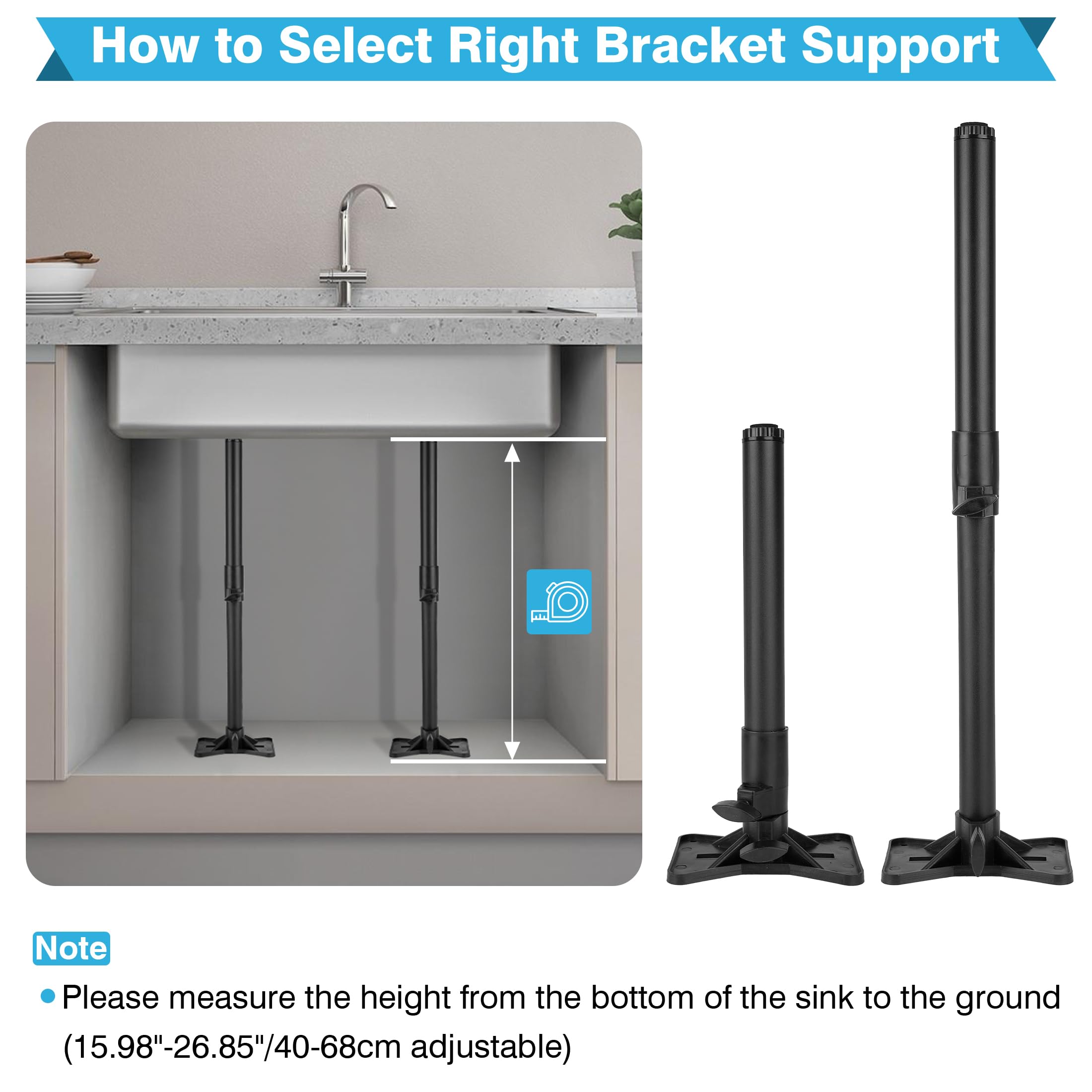 IRONWALLS Undermount Sink Brackets, 2PCS 17.7”-29.5”/45-75cm Height Steel Kitchen Sink Cabinet Support Poles Adjustable, Drilling Free Sink Repair Kit for Kitchen, Bathroom