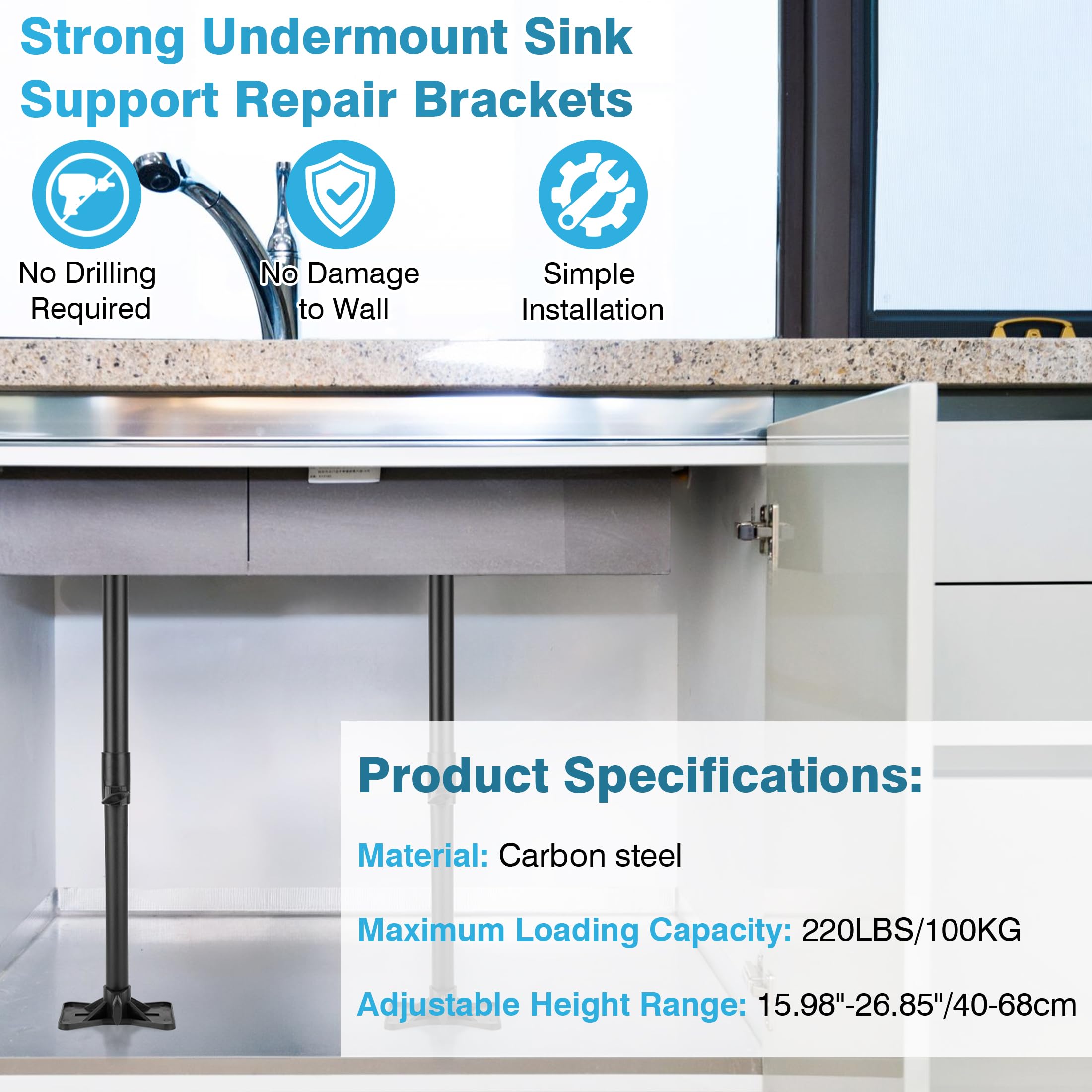 IRONWALLS Undermount Sink Brackets, 2PCS 17.7”-29.5”/45-75cm Height Steel Kitchen Sink Cabinet Support Poles Adjustable, Drilling Free Sink Repair Kit for Kitchen, Bathroom