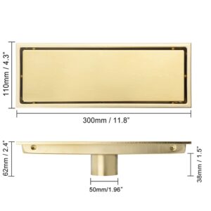 DEOKXZ Linear Shower Drain Pipe 12 Inches Brushed Gold, with Tile Insert Grille, Detachable Hidden Cover, SUS304 Stainless Steel Rectangular Floor Drain
