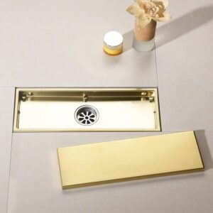 DEOKXZ Linear Shower Drain Pipe 12 Inches Brushed Gold, with Tile Insert Grille, Detachable Hidden Cover, SUS304 Stainless Steel Rectangular Floor Drain