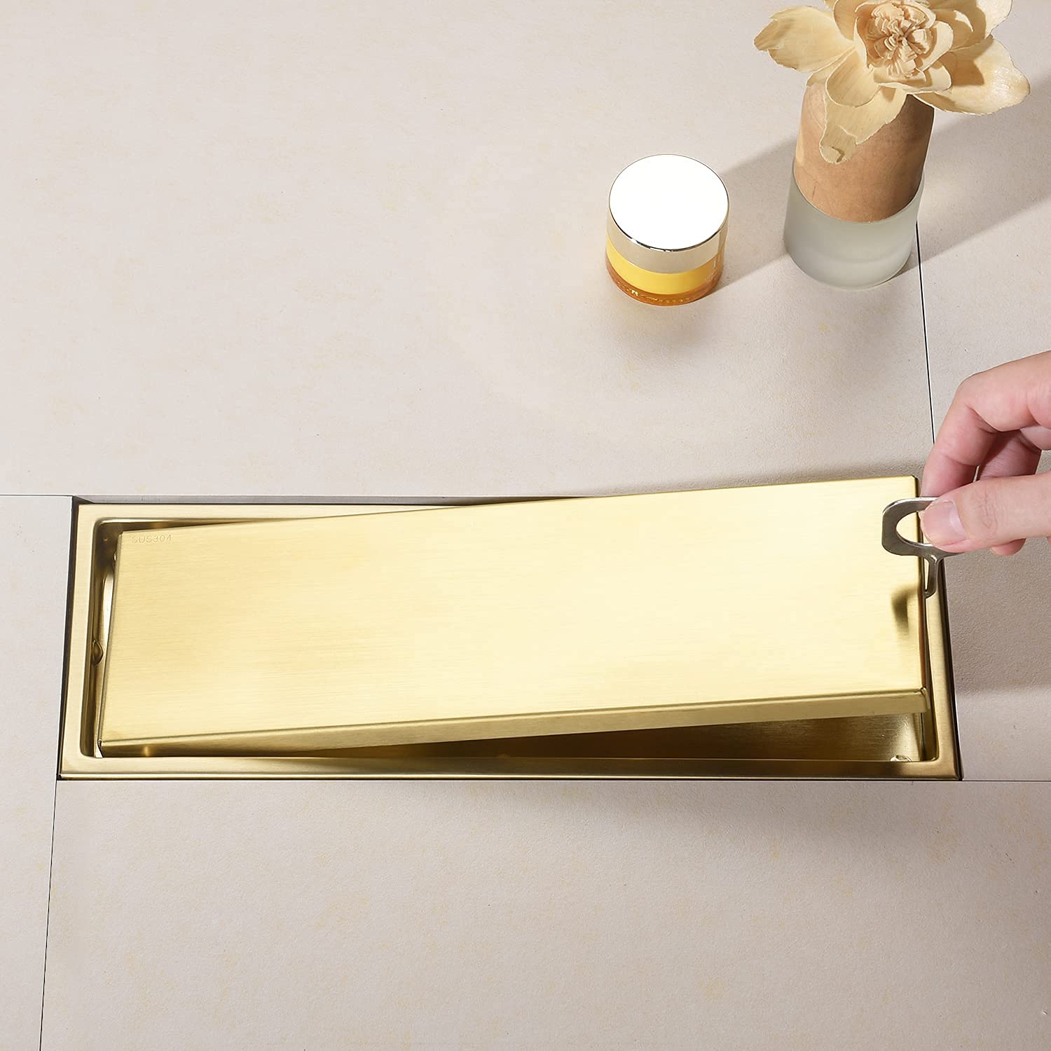 DEOKXZ Linear Shower Drain Pipe 12 Inches Brushed Gold, with Tile Insert Grille, Detachable Hidden Cover, SUS304 Stainless Steel Rectangular Floor Drain