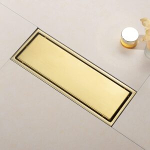 DEOKXZ Linear Shower Drain Pipe 12 Inches Brushed Gold, with Tile Insert Grille, Detachable Hidden Cover, SUS304 Stainless Steel Rectangular Floor Drain