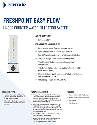 Pentair FreshPoint Easy Flow Undersink Water Filtration System, PFAS Water Filter, NSF Certified to Reduce PFOA/PFOS