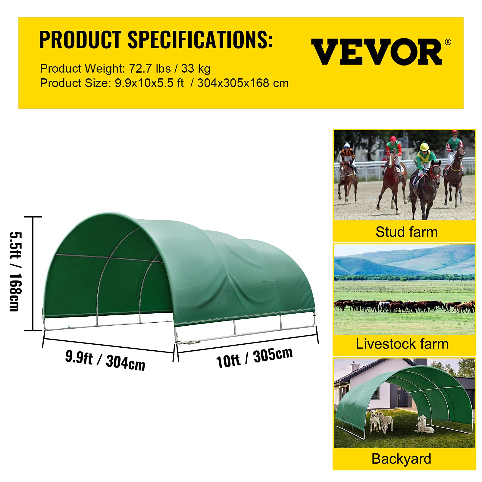 VEVOR Livestock Shelter, 9.9'x 10'x 5.5' Corral Shelter, Steel Metal Corral Panel Shelter, Waterproof Corral Panels for Horses and Other Livestock, Animal Shelter with PVC Cover and Galvanized Pipe