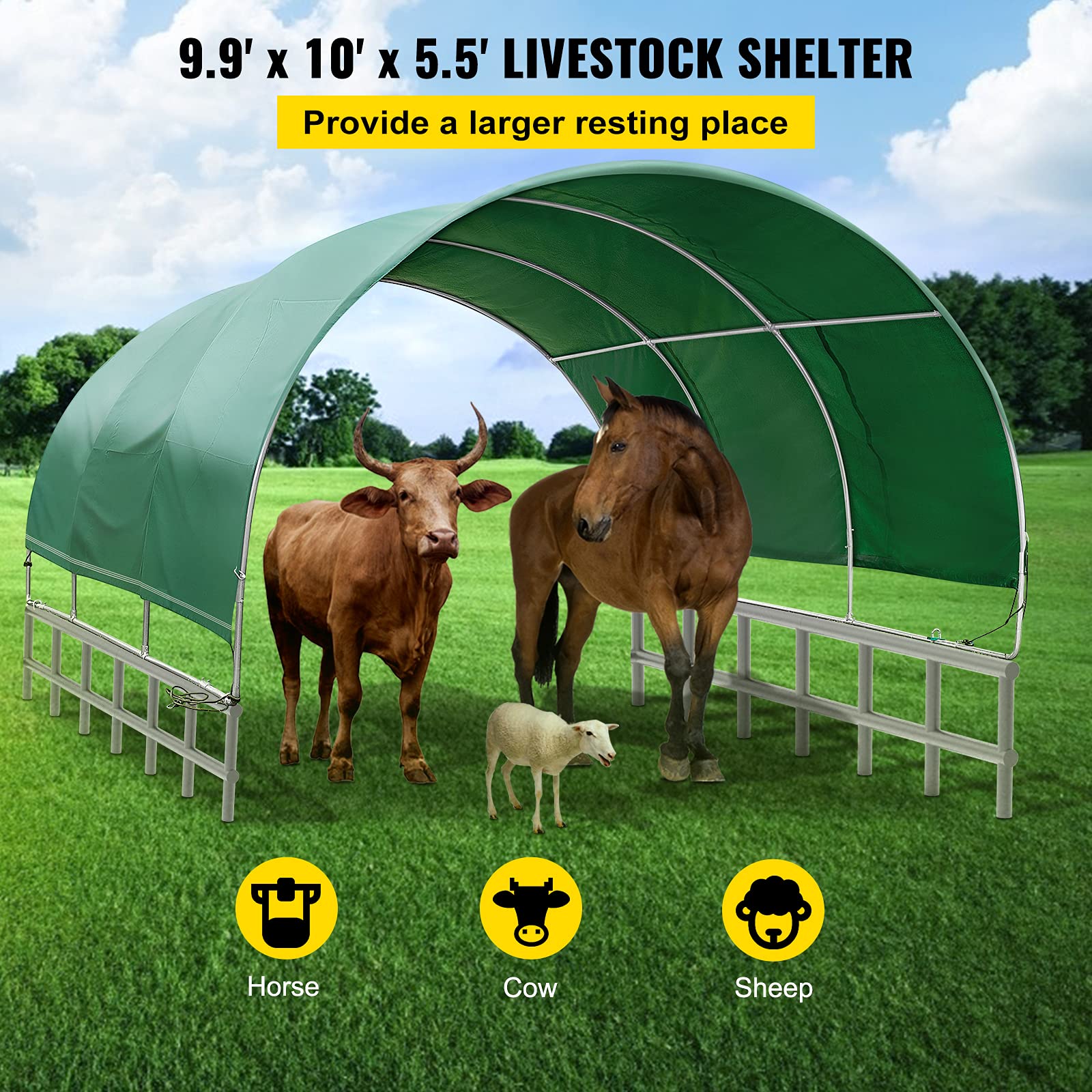 VEVOR Livestock Shelter, 9.9'x 10'x 5.5' Corral Shelter, Steel Metal Corral Panel Shelter, Waterproof Corral Panels for Horses and Other Livestock, Animal Shelter with PVC Cover and Galvanized Pipe