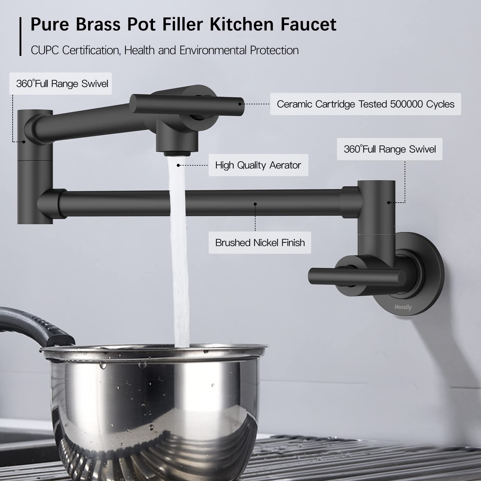 Pot Filler Faucet, Wall Mount Lead-Free Brass Pot Filler Kitchen Faucet with cUPC Certified, Folding Stretchable Kitchen Faucet with Double Joint Swing Arms, Single Hole - Matte Black