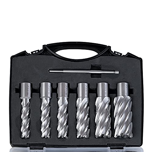 M2AL HSS Annular Cutter Set 6pcs LYXC 3/4'' Weldon Shank 2'' Cutting Depth 9/16'' to 1-1/16'' Cutting Diameter with 1pc Pilot Pin for Mag Drill Press