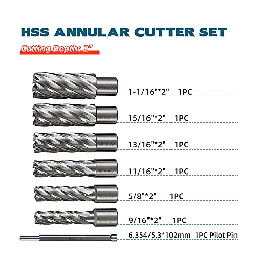 M2AL HSS Annular Cutter Set 6pcs LYXC 3/4'' Weldon Shank 2'' Cutting Depth 9/16'' to 1-1/16'' Cutting Diameter with 1pc Pilot Pin for Mag Drill Press