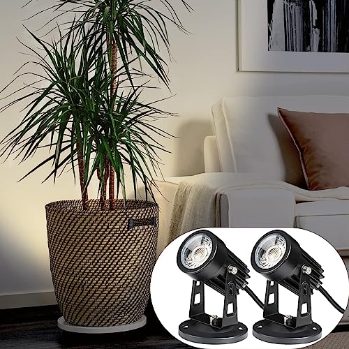 SUNVIE 2 Pack LED Spot Lights Indoor for Plants Uplights Lamp Accent Lighting Decor 120V Warm White Up Spotlight 5.9 FT Cord with Floor Foot Switch (Base and Stake Included)