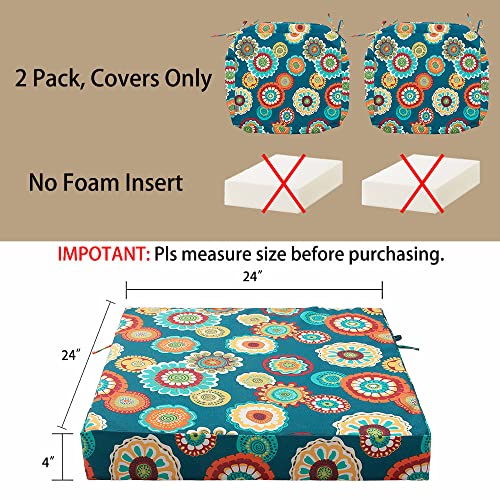 Magpie Fabrics Indoor Outdoor Cushion Cover Replacement 2 Pack, NO Insert! Water Repellent Slipcover with Ties Decor for Patio Garden Chair Sofa Bench Wicker(Heronsbill Turquoise Green, 24x24x4 Inch)