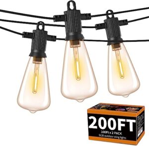 zotoyi outdoor string lights 200 ft, waterproof ip65 patio string lights for outside with 104 shatterproof st38 bulbs(4 spare), led hanging lights for bistro, backyard, garden 2700k(2-pack 100ft)