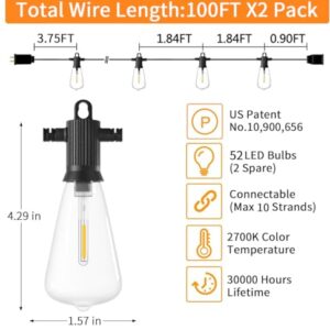 ZOTOYI Outdoor String Lights 200 FT, Waterproof IP65 Patio String Lights for Outside with 104 Shatterproof ST38 Bulbs(4 Spare), LED Hanging Lights for Bistro, Backyard, Garden 2700K(2-Pack 100FT)