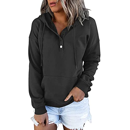 Baralonly Pullover for Womens Button Down Hoodies Drawstring Hooded Pocket Blouses Casual Long Sleeve V Neck Sweatshirts