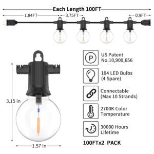 ZOTOYI Outdoor String Lights Waterproof IP65, 200 FT Outdoor Lights for Patio with 104 Shatterproof G40 Bulbs(4 Spare), LED String Lights for Outside, Cafe, Porch, Backyard, Dimmable (2-Pack 100FT)