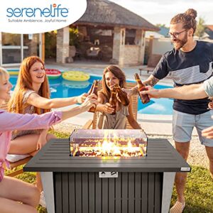 Outdoor Propane Fire Pit Table - CSA/ETL Certified 50,000 BTU Pulse Ignition Weatherproof Rectangle Propane Gas Fire Table w/Adjustable Flame - Glass Rocks Wind Guard, Black - SereneLife SLFPSX55