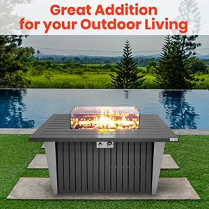 Outdoor Propane Fire Pit Table - CSA/ETL Certified 50,000 BTU Pulse Ignition Weatherproof Rectangle Propane Gas Fire Table w/Adjustable Flame - Glass Rocks Wind Guard, Black - SereneLife SLFPSX55