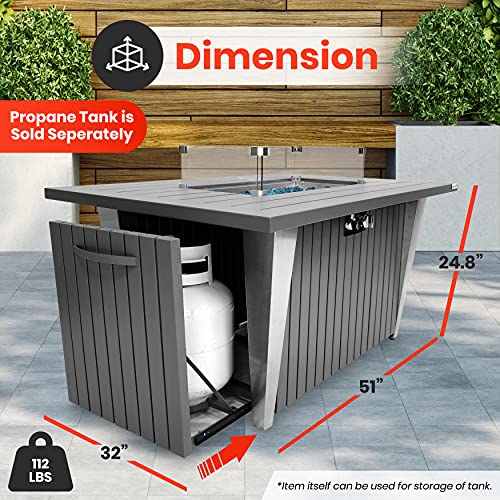 Outdoor Propane Fire Pit Table - CSA/ETL Certified 50,000 BTU Pulse Ignition Weatherproof Rectangle Propane Gas Fire Table w/Adjustable Flame - Glass Rocks Wind Guard, Black - SereneLife SLFPSX55